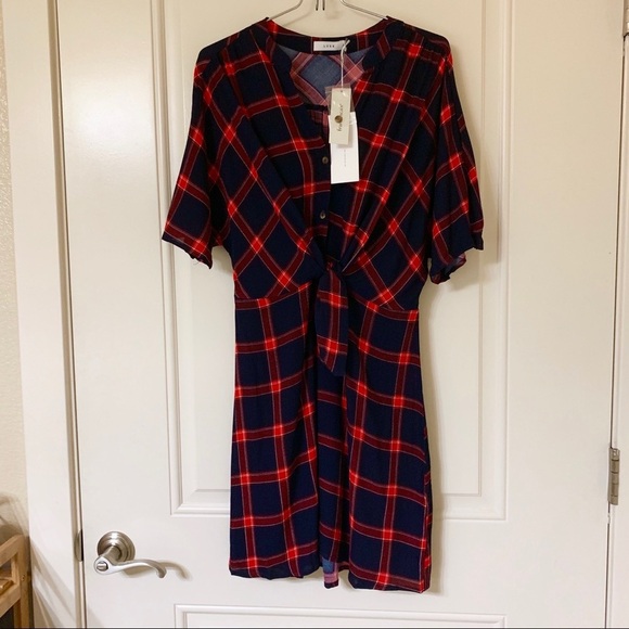 Navy Red Plaid Check Tie-Front Shirt Dress - Picture 3 of 12